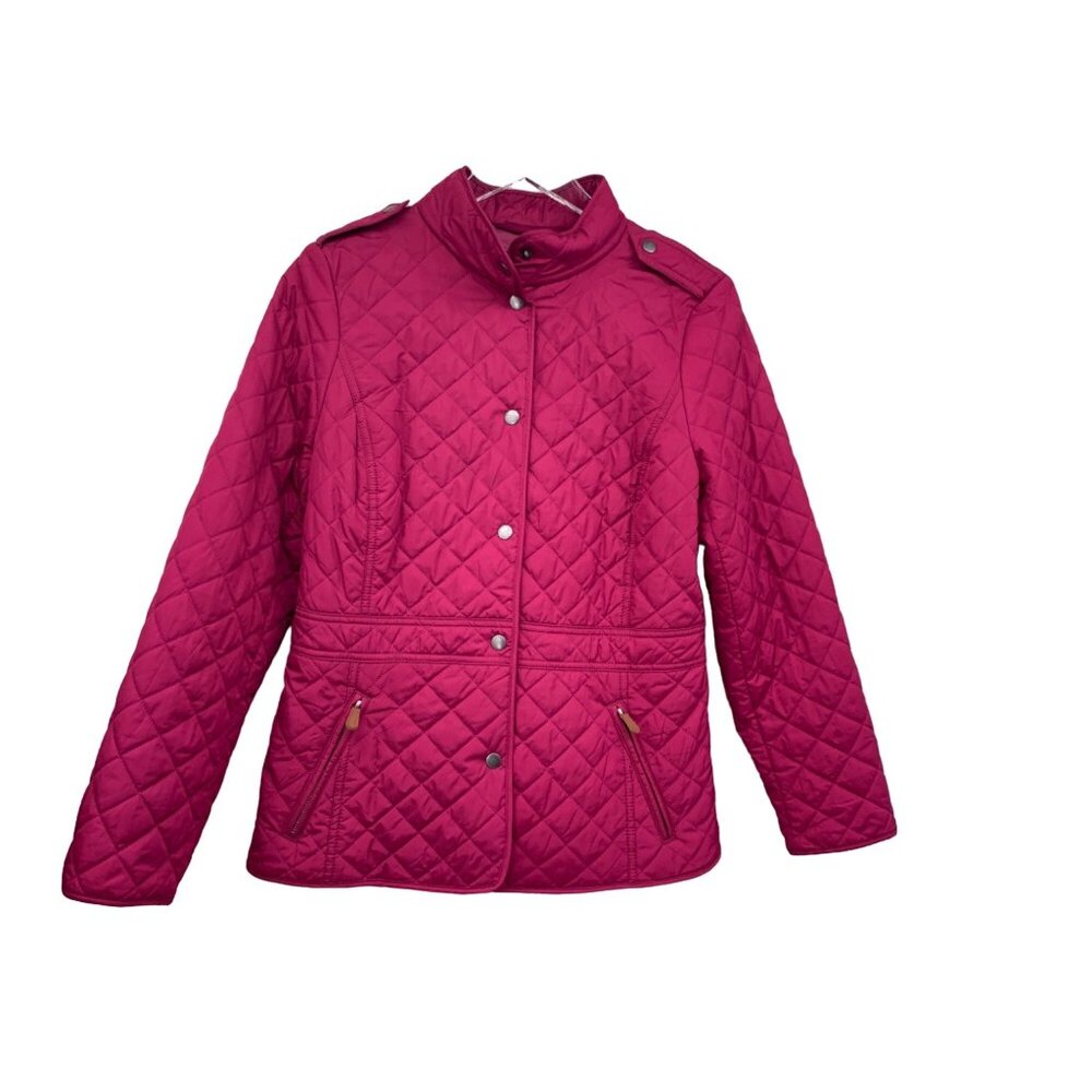 Talbots Womans M Diamond Quilted Raspberry Pink Jacket with Pockets Snap Down